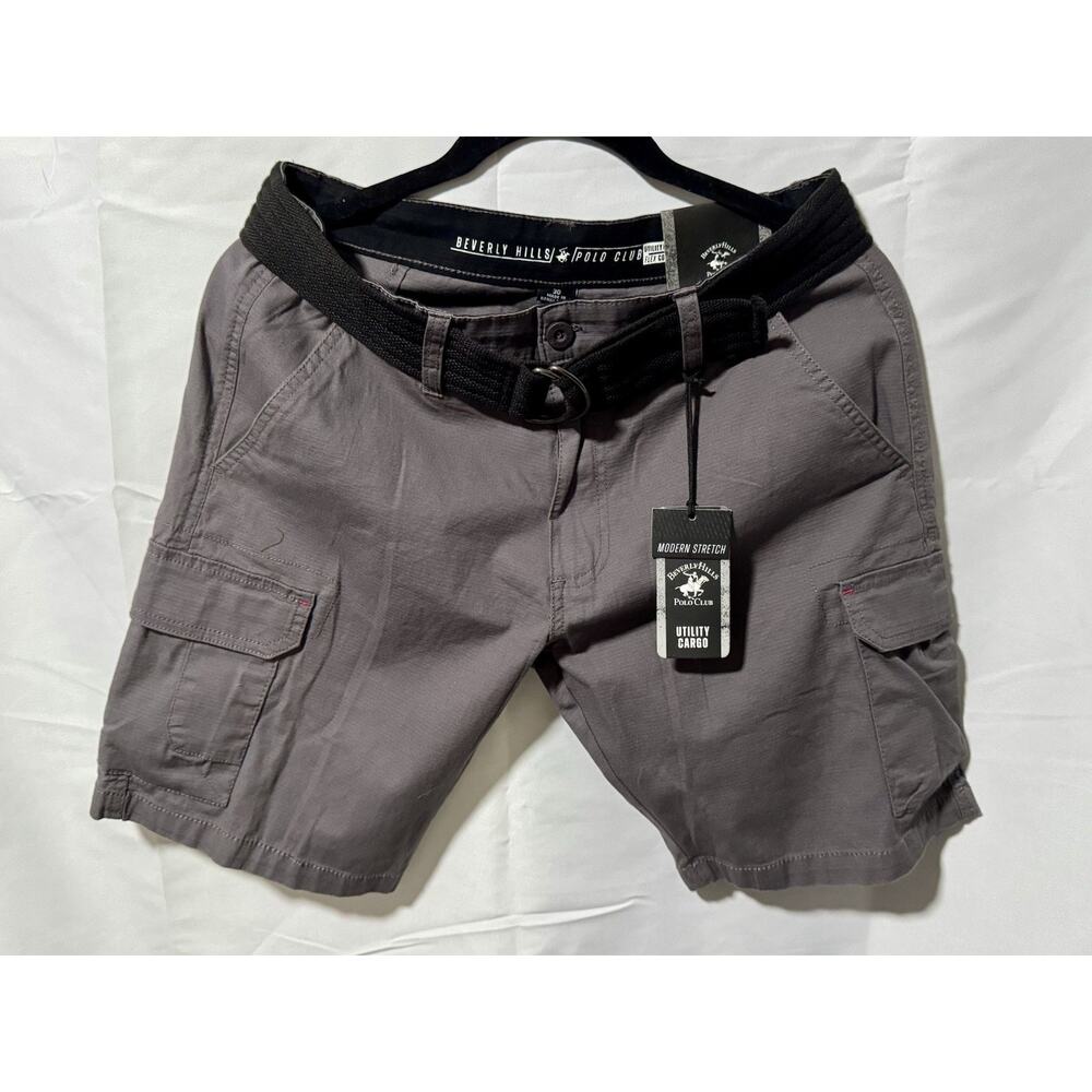 Beverly Hills Polo Club Grey Utility Cargo Flex Cotton Shorts Mens Size 30